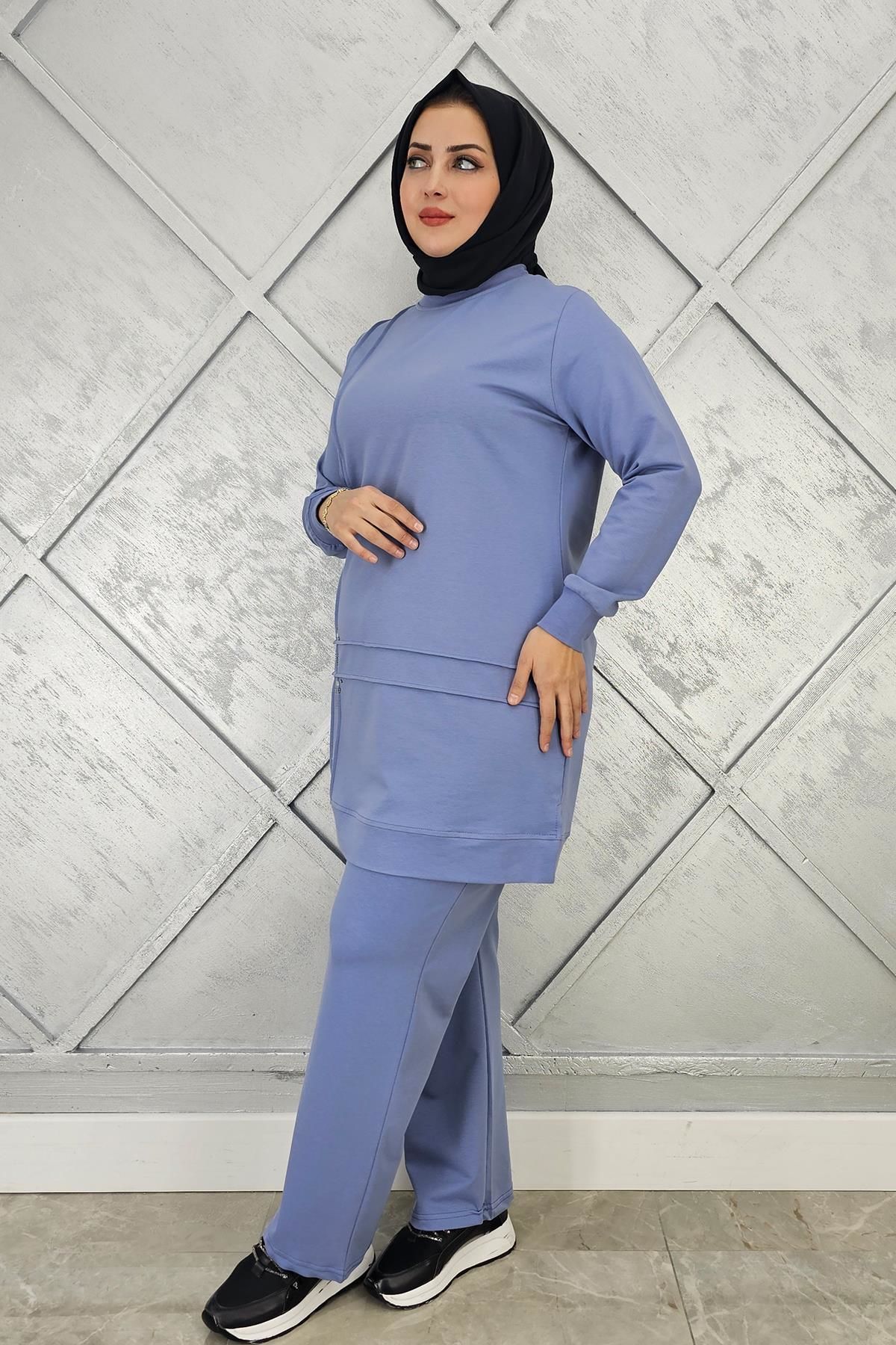 KADIN TAŞ DETAYLI NERVÜR DİKİM TESETTÜR TAKIM MAVİ - XL