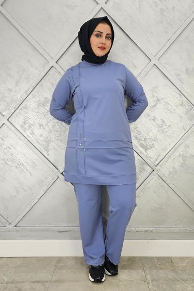 KADIN TAŞ DETAYLI NERVÜR DİKİM TESETTÜR TAKIM MAVİ - XL