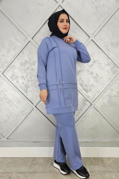 KADIN TAŞ DETAYLI NERVÜR DİKİM TESETTÜR TAKIM MAVİ - XL