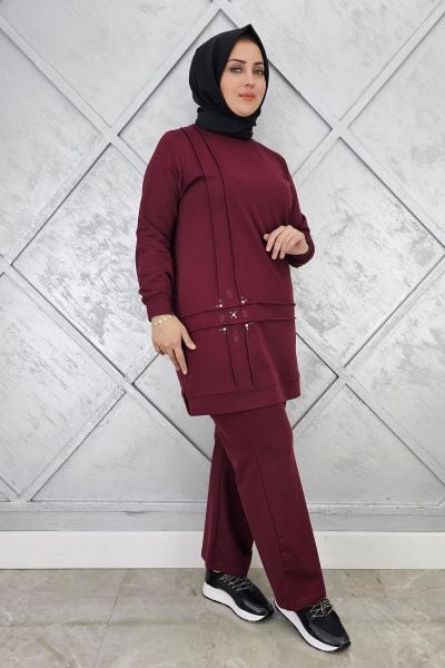 KADIN TAŞ DETAYLI NERVÜR DİKİM TESETTÜR TAKIM BORDO - L