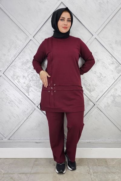 KADIN TAŞ DETAYLI NERVÜR DİKİM TESETTÜR TAKIM BORDO - L