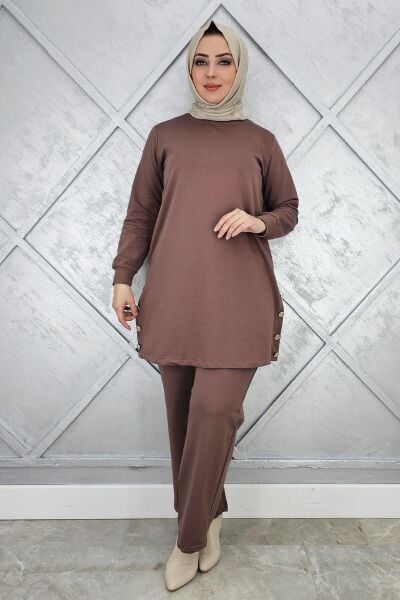 KADIN DÜĞME DETAYLI TESETTÜR TAKIM VİZON - L