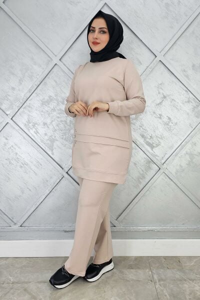 KADIN TAŞ DETAYLI NERVÜR DİKİM TESETTÜR TAKIM BEJ - 3XL