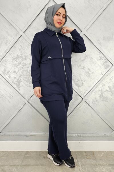 KADIN BELİ LASTİKLİ FERMUARLI TESETTÜR TAKIM LACİVERT - 5 BEDEN