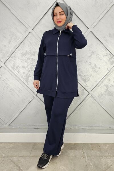 KADIN BELİ LASTİKLİ FERMUARLI TESETTÜR TAKIM LACİVERT - 5 BEDEN