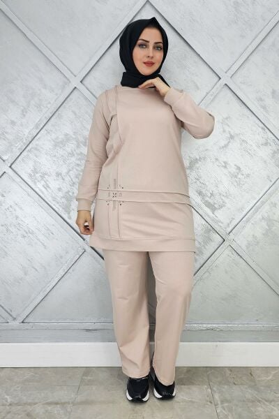 KADIN TAŞ DETAYLI NERVÜR DİKİM TESETTÜR TAKIM BEJ - XL