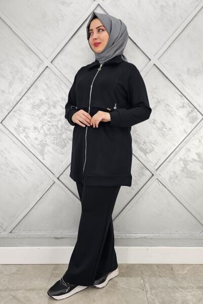 KADIN BELİ LASTİKLİ FERMUARLI TESETTÜR TAKIM SİYAH - 3 BEDEN