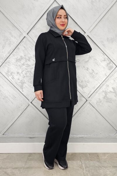KADIN BELİ LASTİKLİ FERMUARLI TESETTÜR TAKIM SİYAH - 3 BEDEN