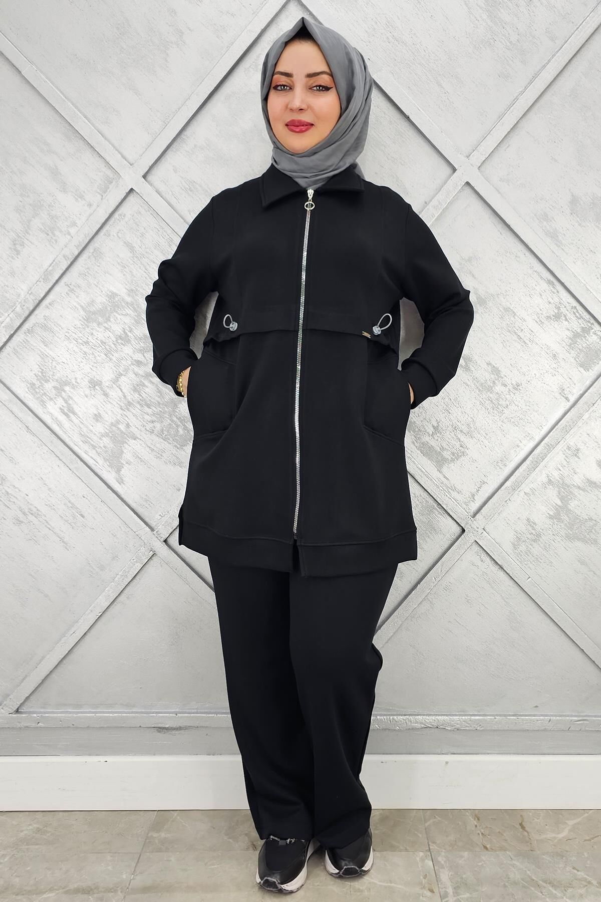 KADIN BELİ LASTİKLİ FERMUARLI TESETTÜR TAKIM SİYAH - 4 BEDEN