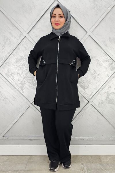 KADIN BELİ LASTİKLİ FERMUARLI TESETTÜR TAKIM SİYAH - 4 BEDEN