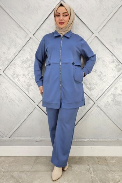 KADIN BELİ LASTİKLİ FERMUARLI TESETTÜR TAKIM İNDİGO - 5 BEDEN