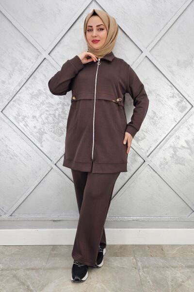 KADIN BELİ LASTİKLİ FERMUARLI TESETTÜR TAKIM KAHVERENGİ - 3 BEDEN