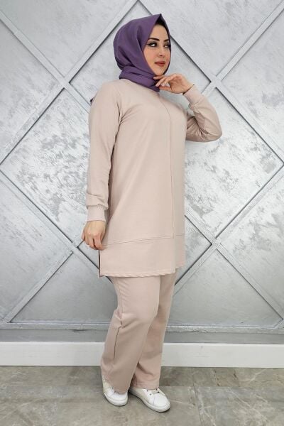 KADIN NERVÜR DİKİM TESETTÜR TAKIM BEJ - XL