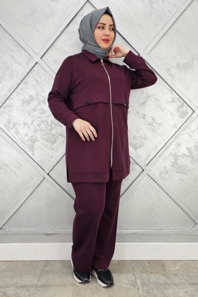 KADIN BELİ LASTİKLİ FERMUARLI TESETTÜR TAKIM BORDO - 3 BEDEN