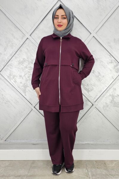 KADIN BELİ LASTİKLİ FERMUARLI TESETTÜR TAKIM BORDO - 5 BEDEN
