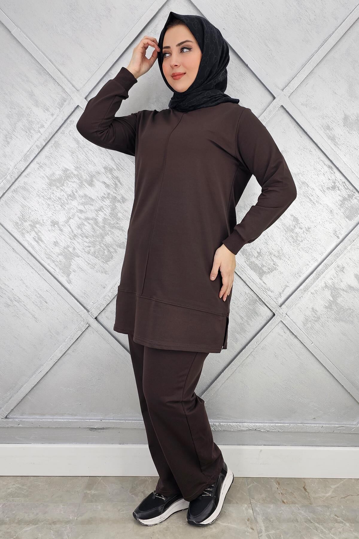 KADIN NERVÜR DİKİM TESETTÜR TAKIM KAHVERENGİ - 2XL