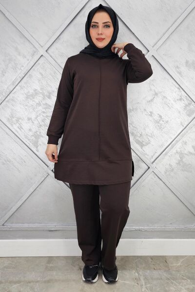 KADIN NERVÜR DİKİM TESETTÜR TAKIM KAHVERENGİ - 2XL