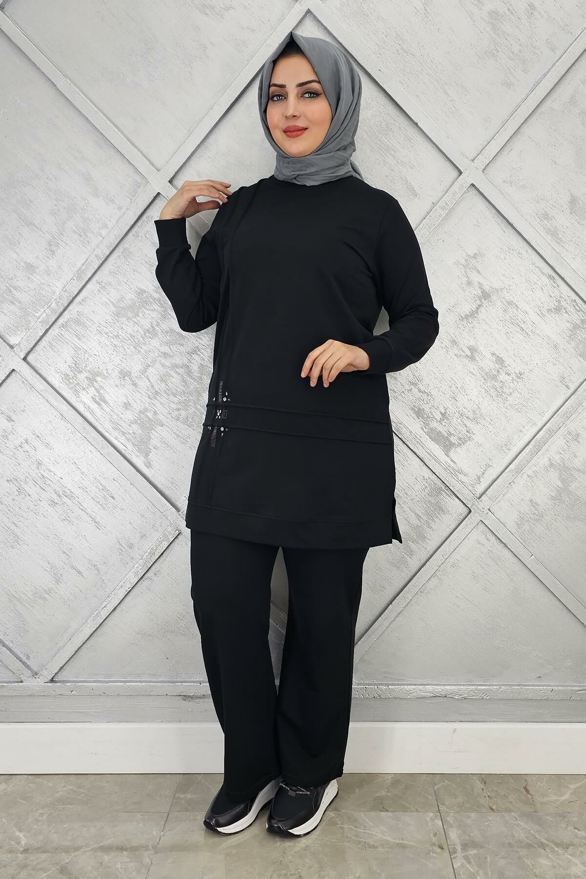 KADIN TAŞ DETAYLI NERVÜR DİKİM TESETTÜR TAKIM SİYAH - 3XL