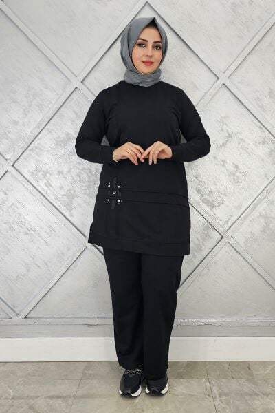 KADIN TAŞ DETAYLI NERVÜR DİKİM TESETTÜR TAKIM SİYAH - 3XL