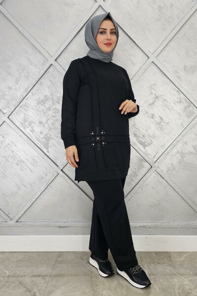 KADIN TAŞ DETAYLI NERVÜR DİKİM TESETTÜR TAKIM SİYAH - 3XL