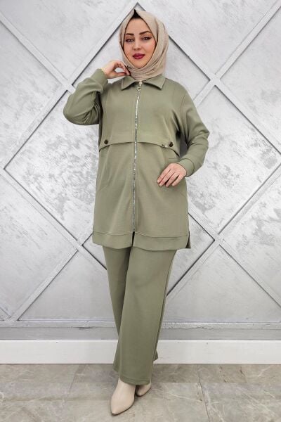 KADIN BELİ LASTİKLİ FERMUARLI TESETTÜR TAKIM HAKİ - 5 BEDEN