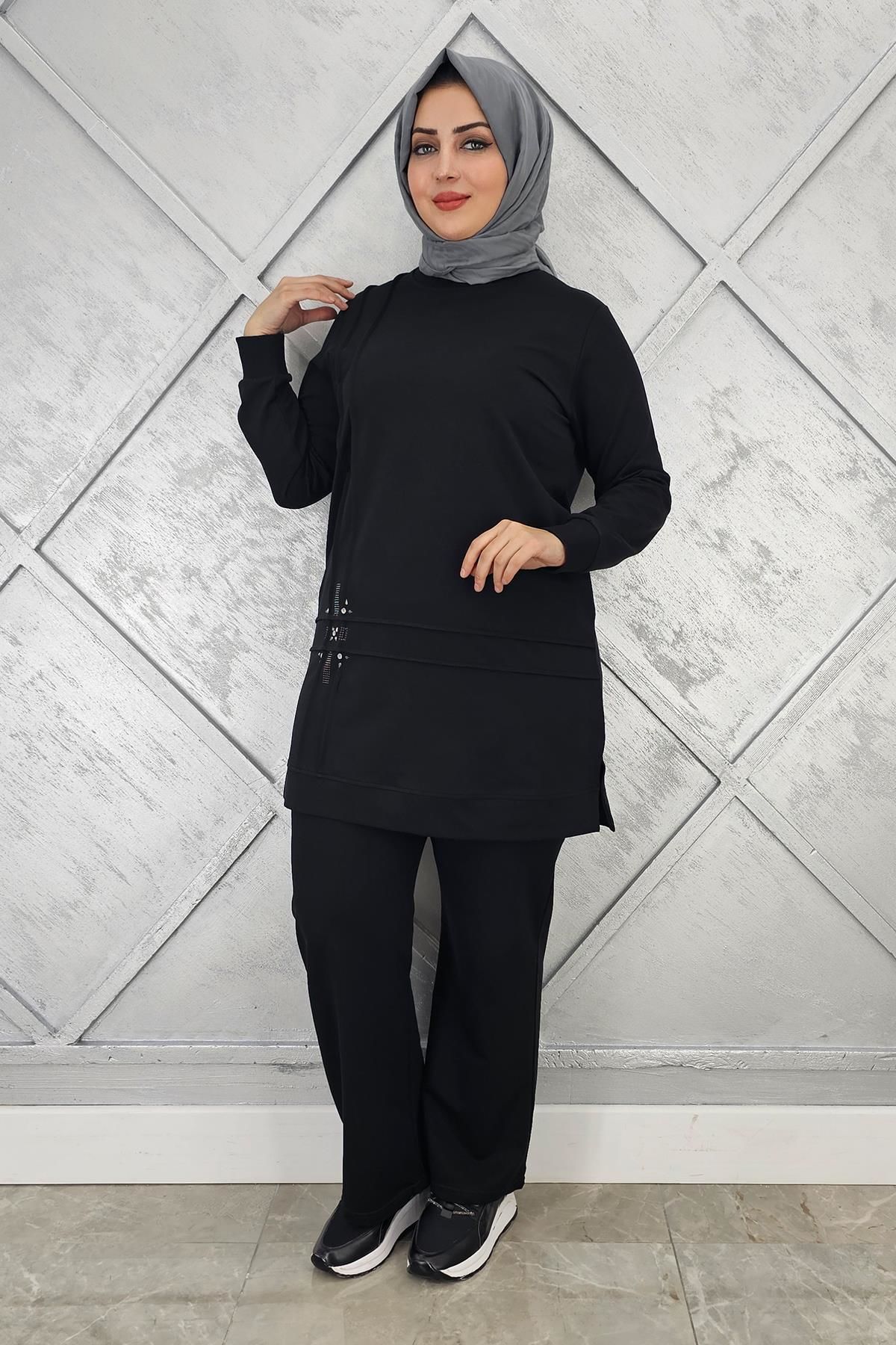 KADIN TAŞ DETAYLI NERVÜR DİKİM TESETTÜR TAKIM SİYAH - XL