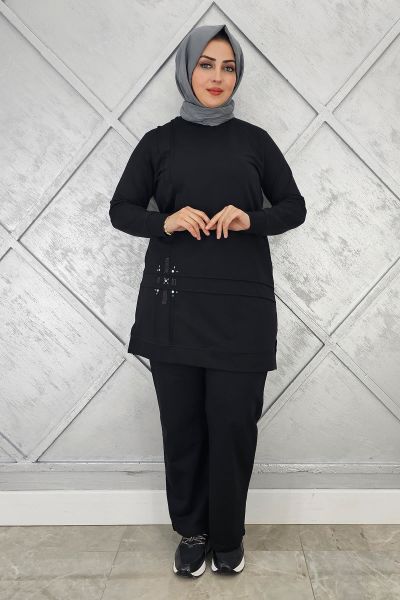 KADIN TAŞ DETAYLI NERVÜR DİKİM TESETTÜR TAKIM SİYAH - XL