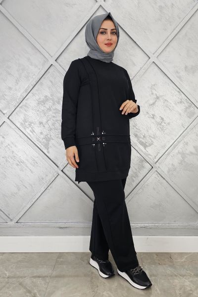 KADIN TAŞ DETAYLI NERVÜR DİKİM TESETTÜR TAKIM SİYAH - XL