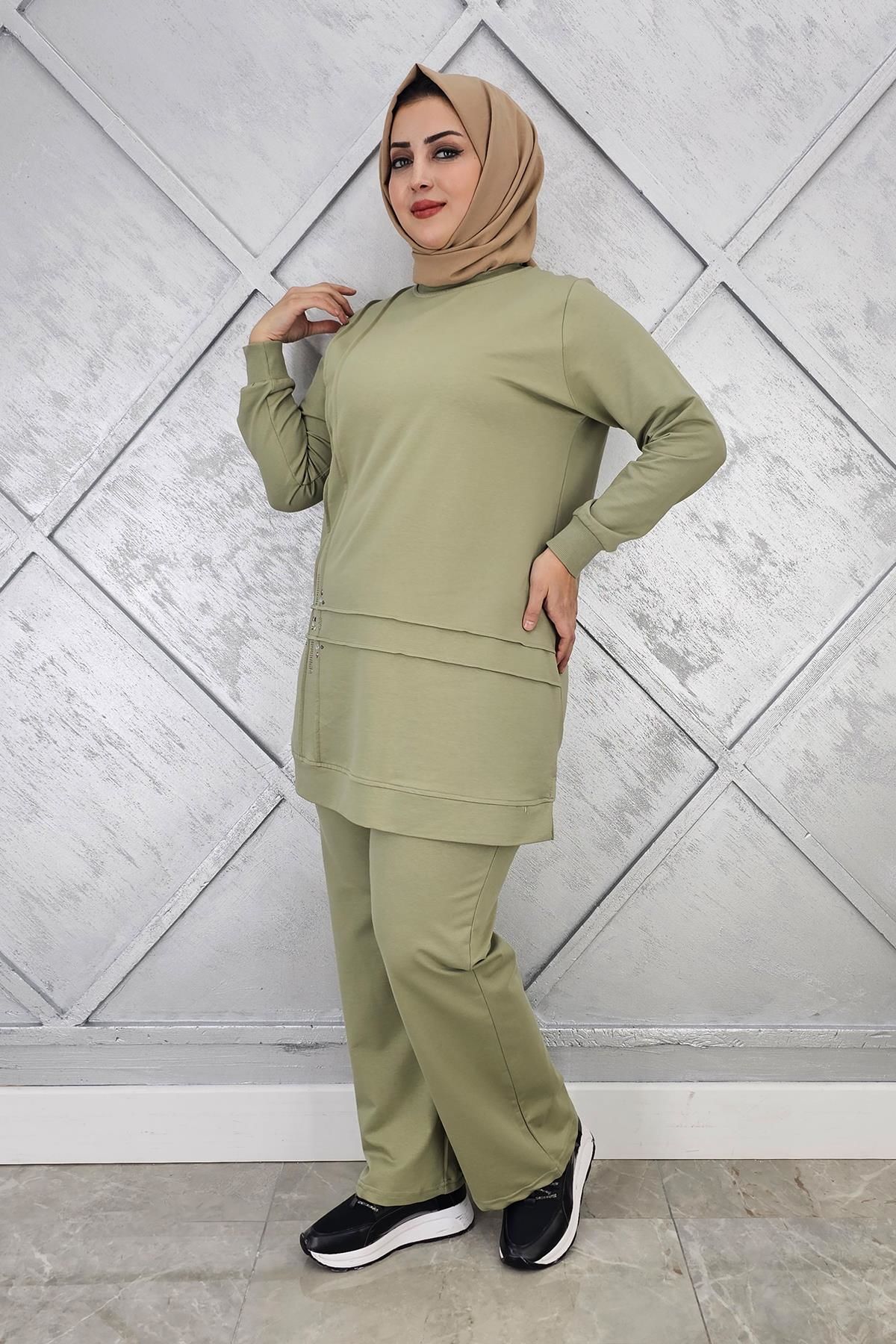 KADIN TAŞ DETAYLI NERVÜR DİKİM TESETTÜR TAKIM MİNT YEŞİLİ - XL