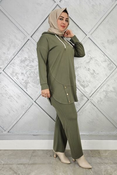 KADIN ÇIT ÇIT DETAYLI TESETTÜR TAKIM HAKİ - 5 BEDEN