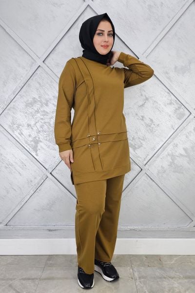KADIN TAŞ DETAYLI NERVÜR DİKİM TESETTÜR TAKIM YAĞ YEŞİLİ - XL