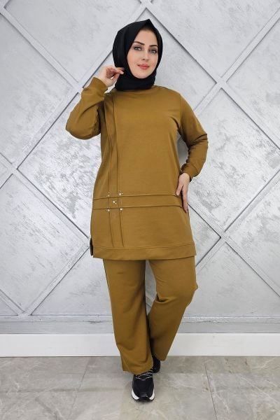 KADIN TAŞ DETAYLI NERVÜR DİKİM TESETTÜR TAKIM YAĞ YEŞİLİ - XL