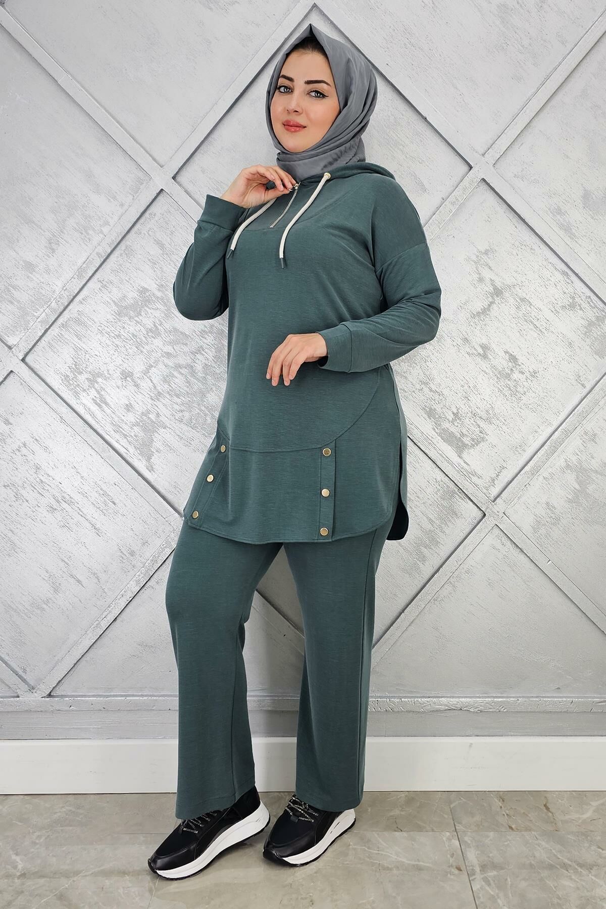 KADIN ÇIT ÇIT DETAYLI TESETTÜR TAKIM YEŞİL - 5 BEDEN