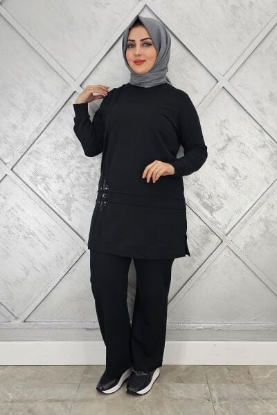 KADIN TAŞ DETAYLI NERVÜR DİKİM TESETTÜR TAKIM SİYAH - L
