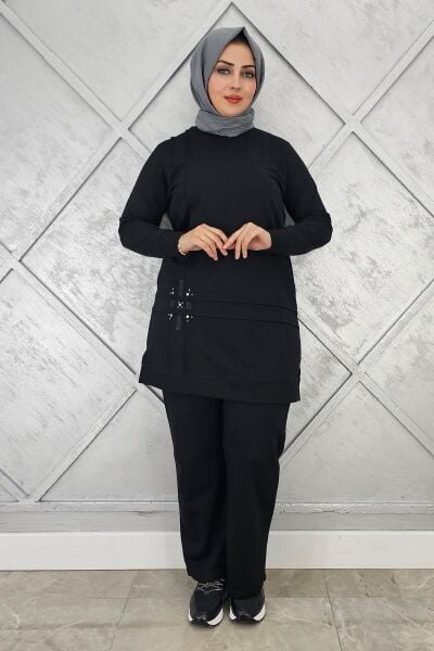 KADIN TAŞ DETAYLI NERVÜR DİKİM TESETTÜR TAKIM SİYAH - L