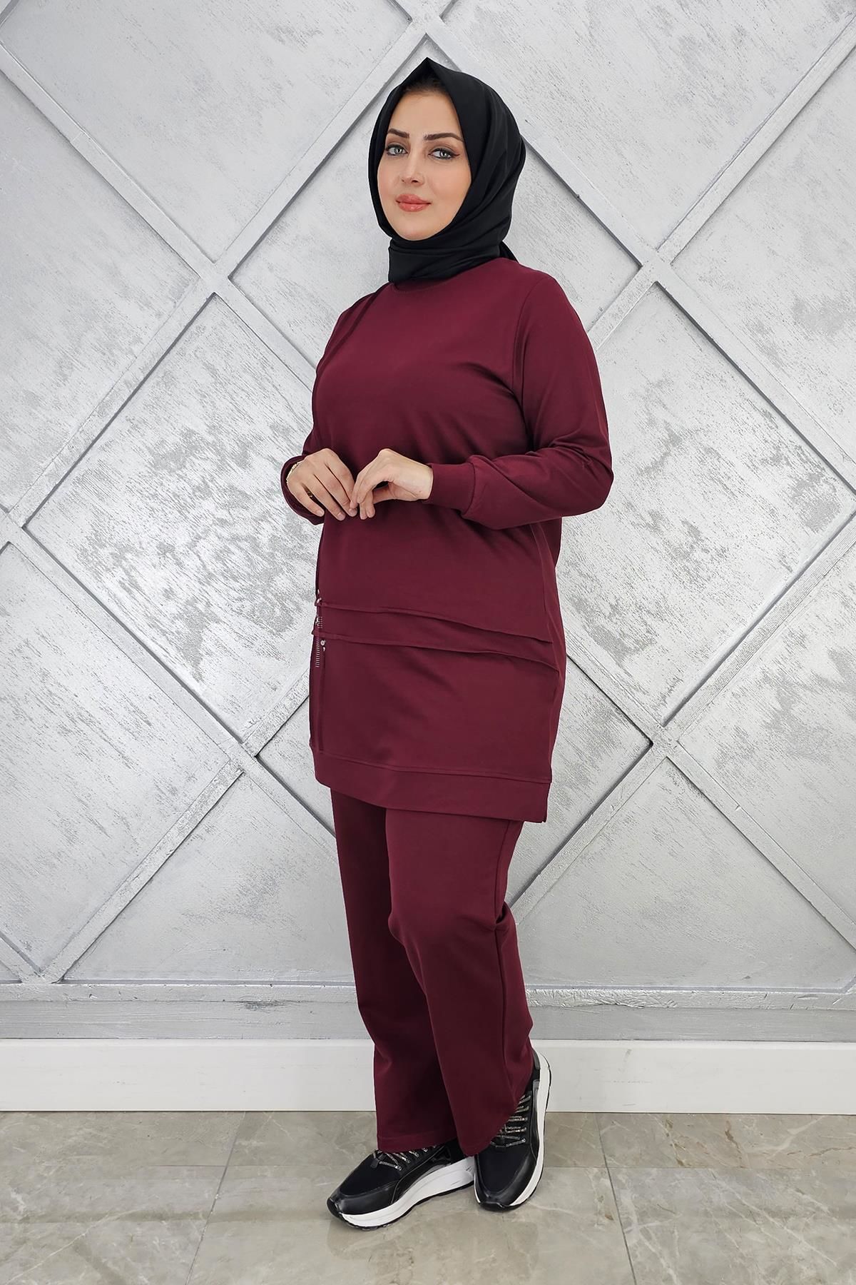 KADIN TAŞ DETAYLI NERVÜR DİKİM TESETTÜR TAKIM BORDO - 3XL