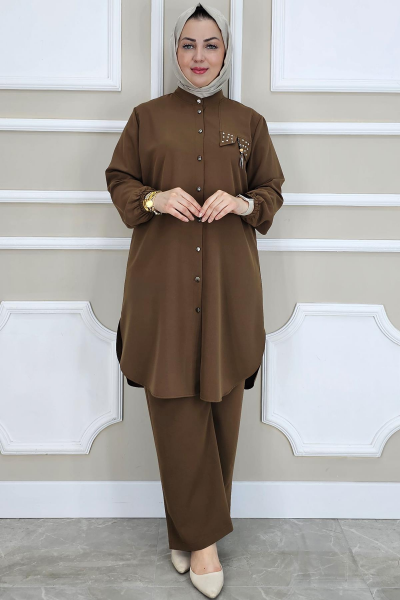 KADIN SALLANTI AKSESUARLI HAKİM YAKA TESETTÜR TAKIM KAHVERENGİ - 3 BEDEN