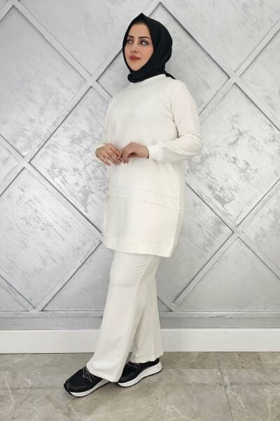 KADIN TAŞ DETAYLI NERVÜR DİKİM TESETTÜR TAKIM EKRU - 2XL