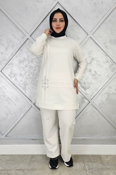 KADIN TAŞ DETAYLI NERVÜR DİKİM TESETTÜR TAKIM EKRU - 2XL