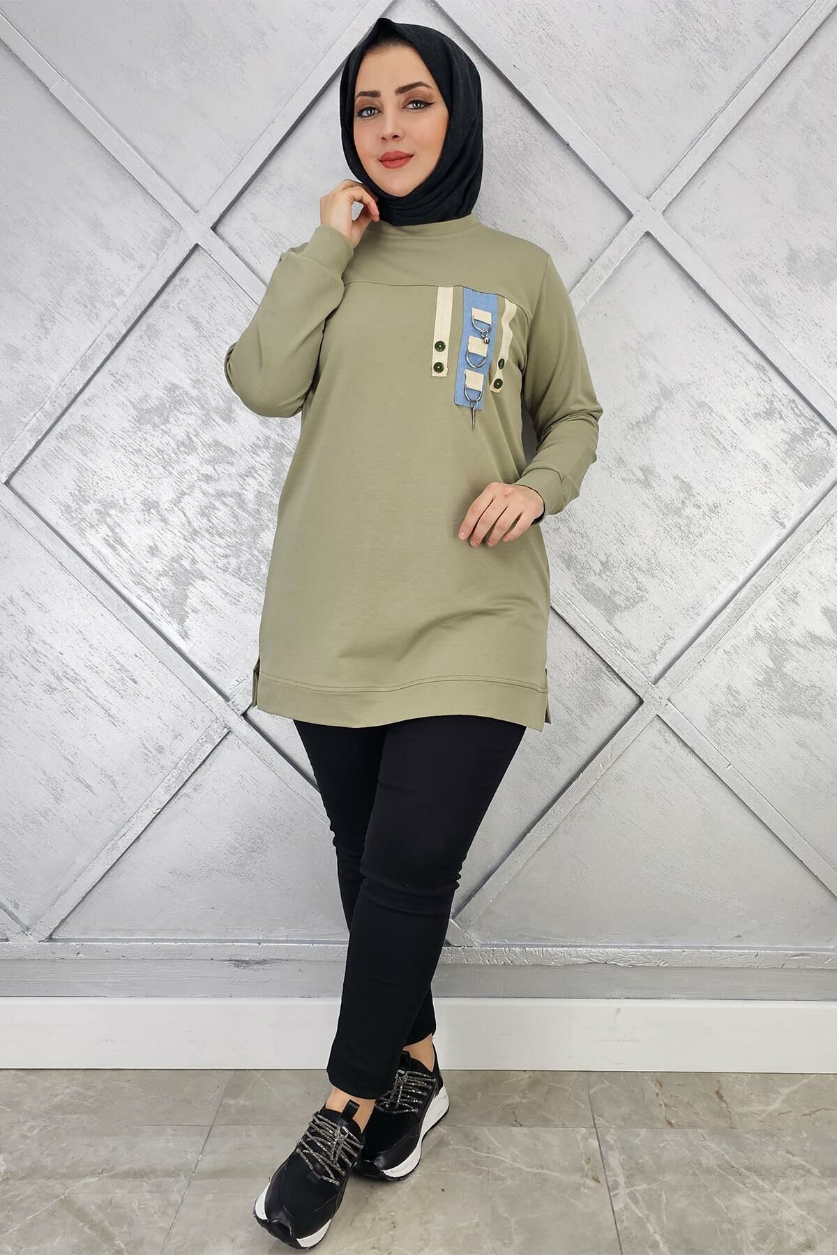 KADIN D TOKA VE PÜSKÜL DETAYLI TESETTÜR TUNİK MİNT YEŞİLİ - 2XL