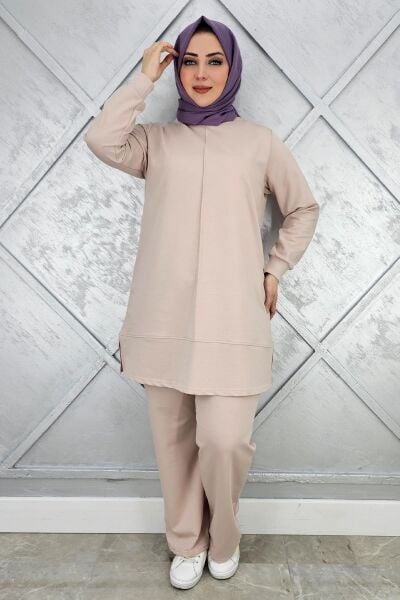 KADIN NERVÜR DİKİM TESETTÜR TAKIM BEJ - 2XL