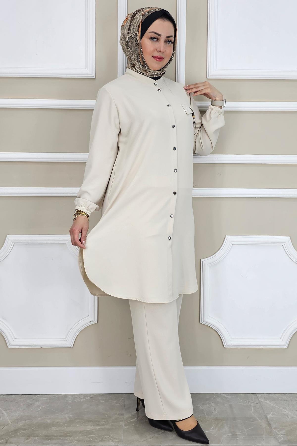 KADIN SALLANTI AKSESUARLI HAKİM YAKA TESETTÜR TAKIM TAŞ - 3 BEDEN