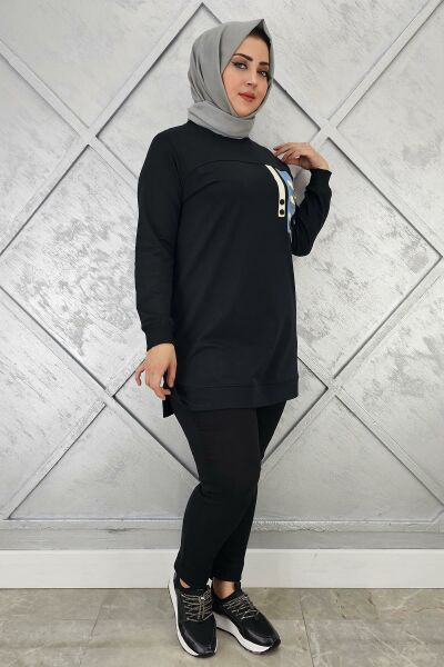 KADIN D TOKA VE PÜSKÜL DETAYLI TESETTÜR TUNİK SİYAH - L