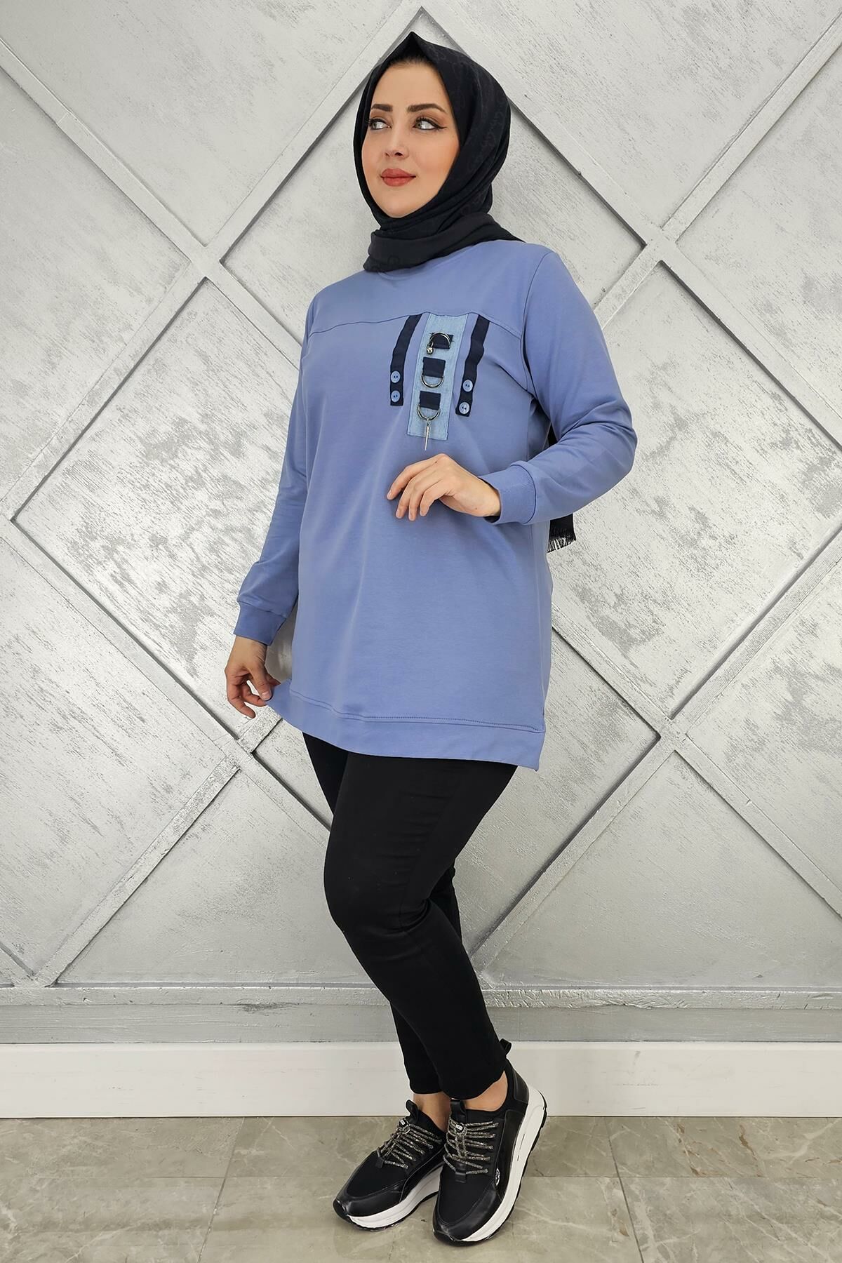 KADIN D TOKA VE PÜSKÜL DETAYLI TESETTÜR TUNİK MAVİ - 2XL