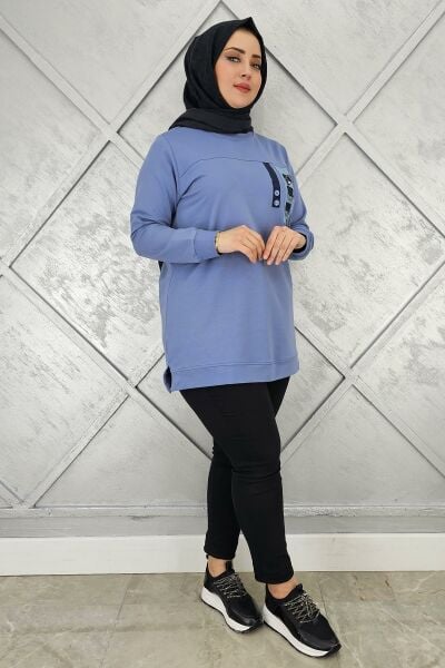 KADIN D TOKA VE PÜSKÜL DETAYLI TESETTÜR TUNİK MAVİ - 2XL