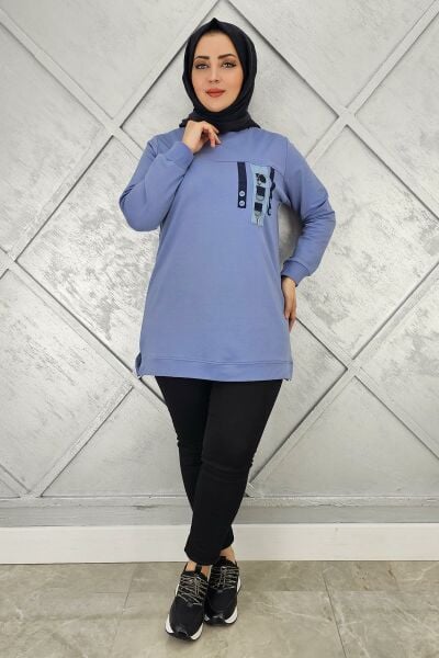 KADIN D TOKA VE PÜSKÜL DETAYLI TESETTÜR TUNİK MAVİ - 2XL