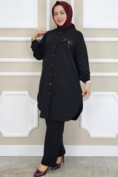 KADIN SALLANTI AKSESUARLI HAKİM YAKA TESETTÜR TAKIM SİYAH - 2 BEDEN