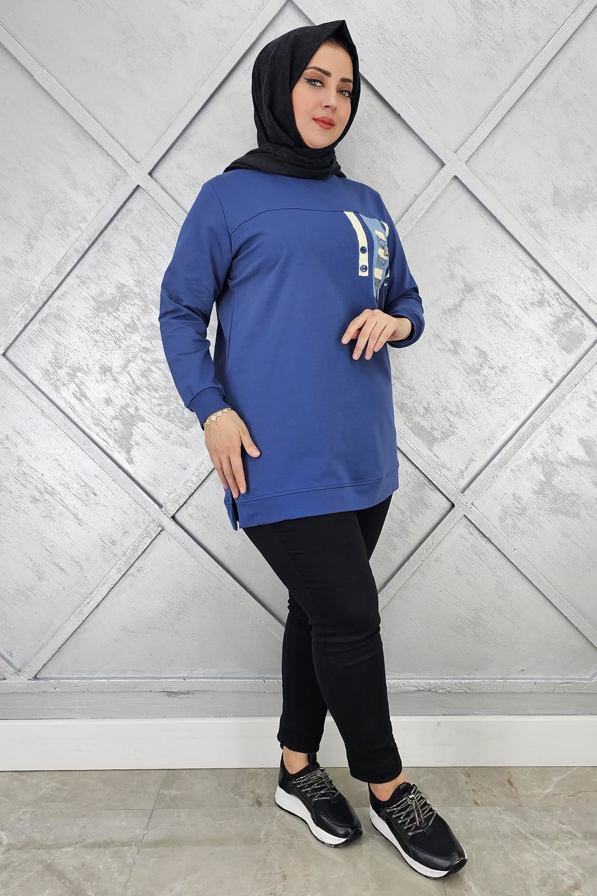 KADIN D TOKA VE PÜSKÜL DETAYLI TESETTÜR TUNİK İNDİGO - 3XL