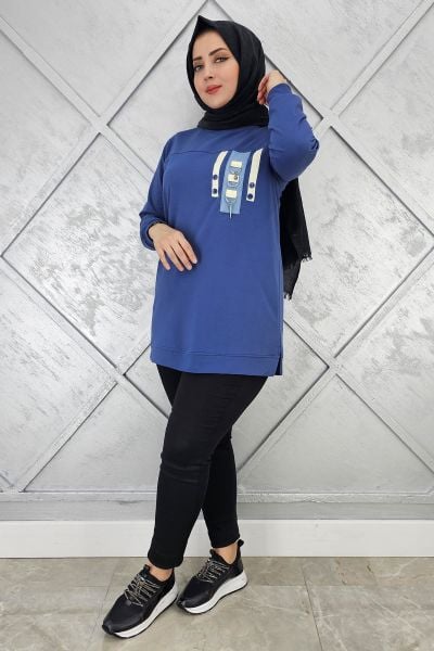 KADIN D TOKA VE PÜSKÜL DETAYLI TESETTÜR TUNİK İNDİGO - 3XL