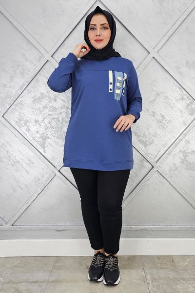 KADIN D TOKA VE PÜSKÜL DETAYLI TESETTÜR TUNİK İNDİGO - 3XL